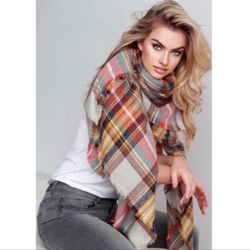 Mustard plaid oversized blanket/ Scarf/ Shawl